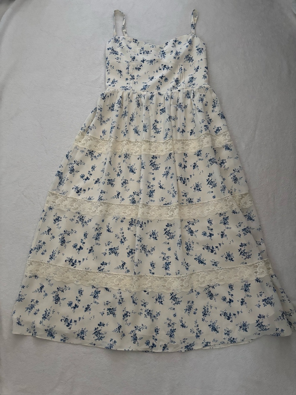 NWOT Reformation White Maxi Dress with Blue Floral Print